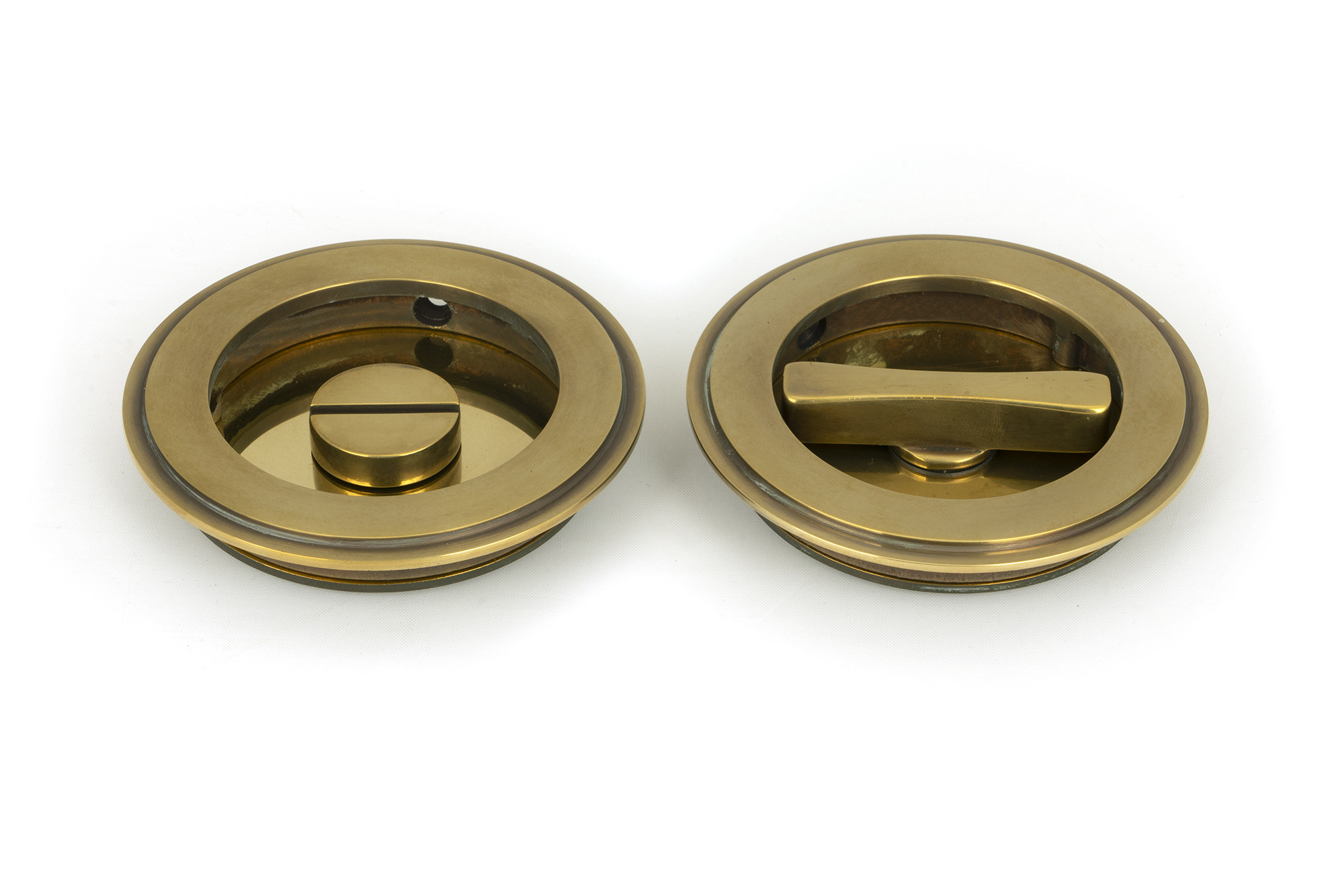 aged brass 75mm art deco round pull privacy set