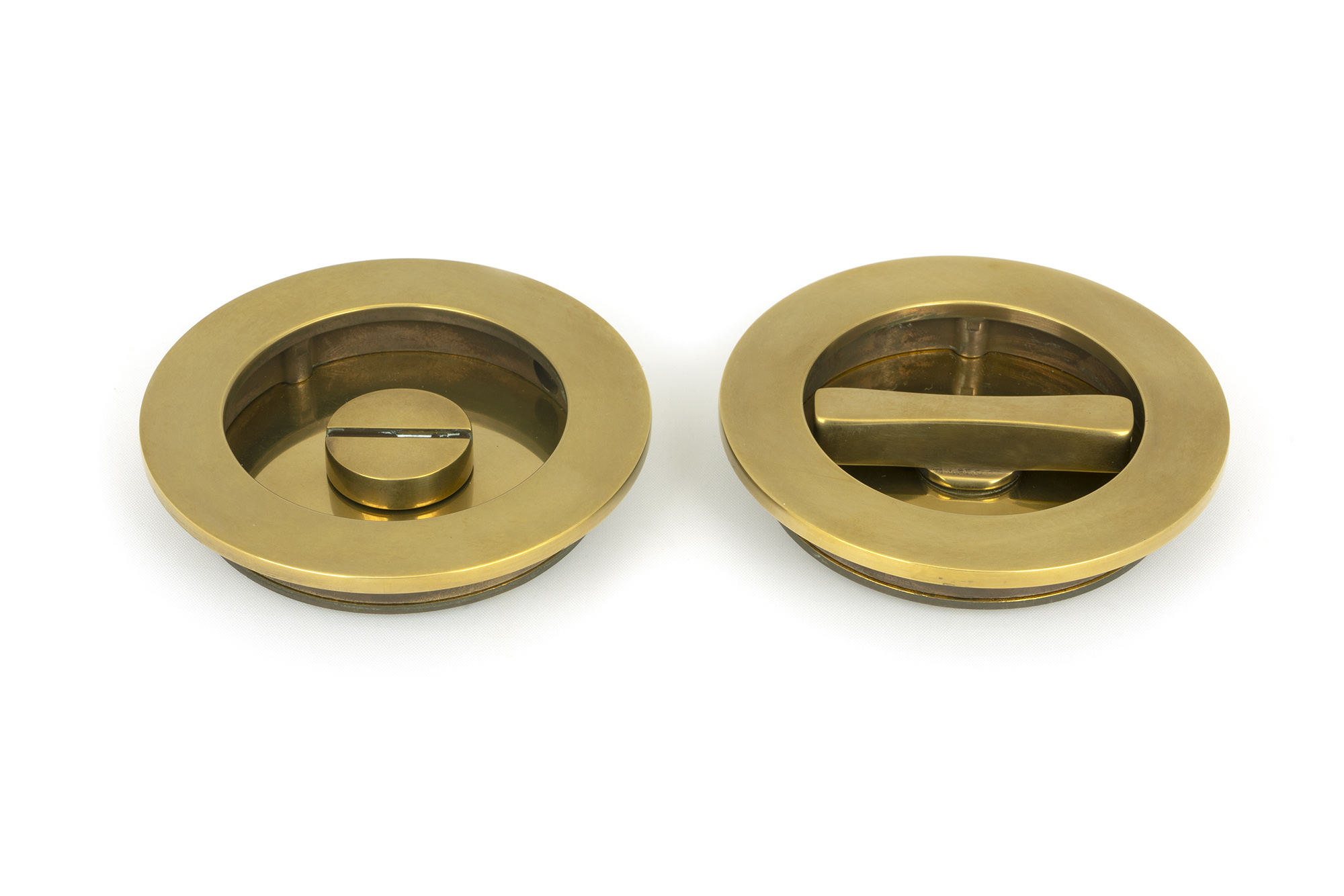 aged brass 75mm plain round pull privacy set
