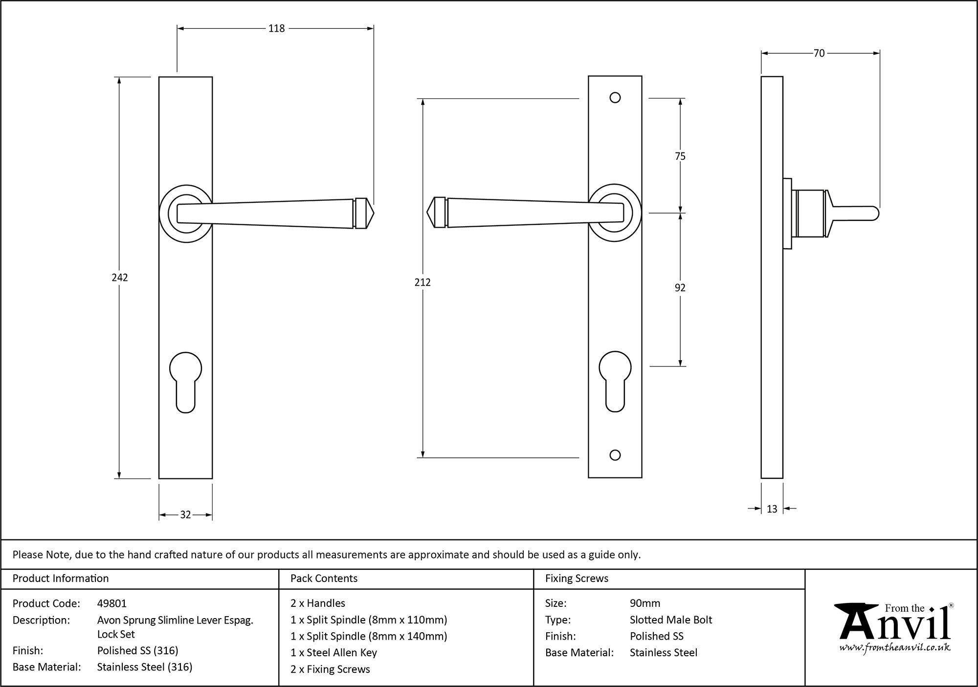 polished marine ss (316) avon slimline lever espag. lock set