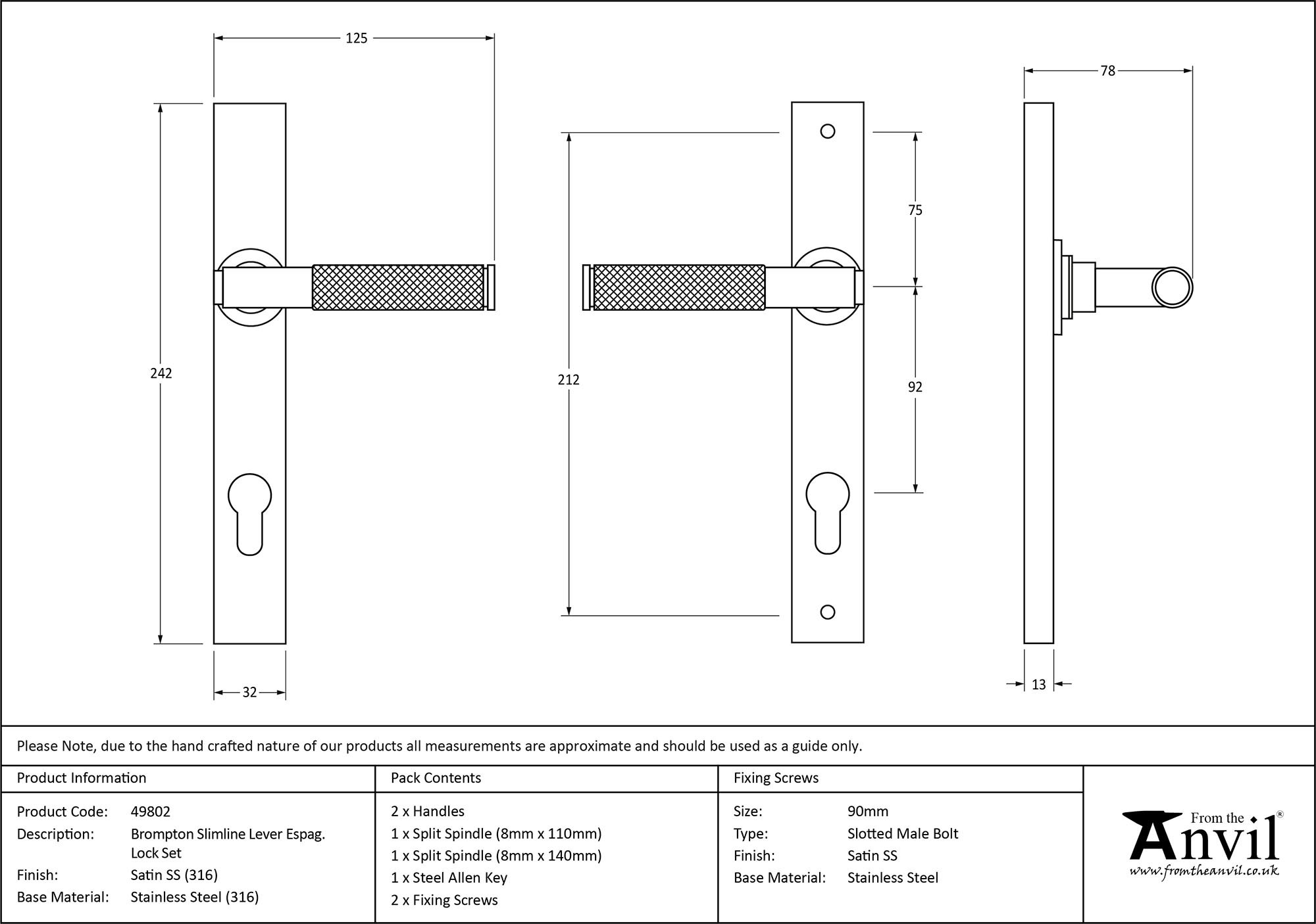 satin marine ss (316) brompton slimline lever espag. lock set