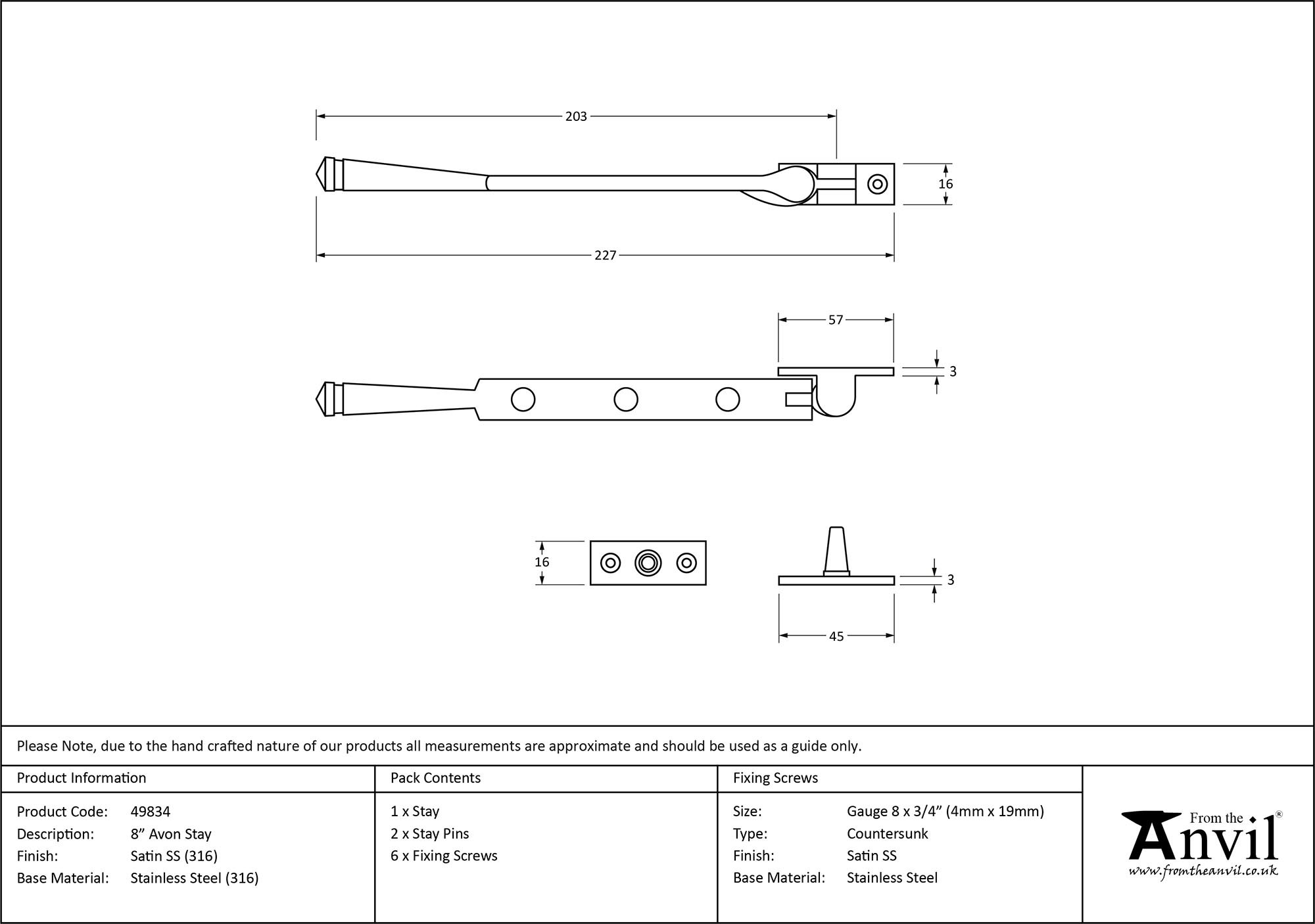 satin marine ss (316) 8" avon stay