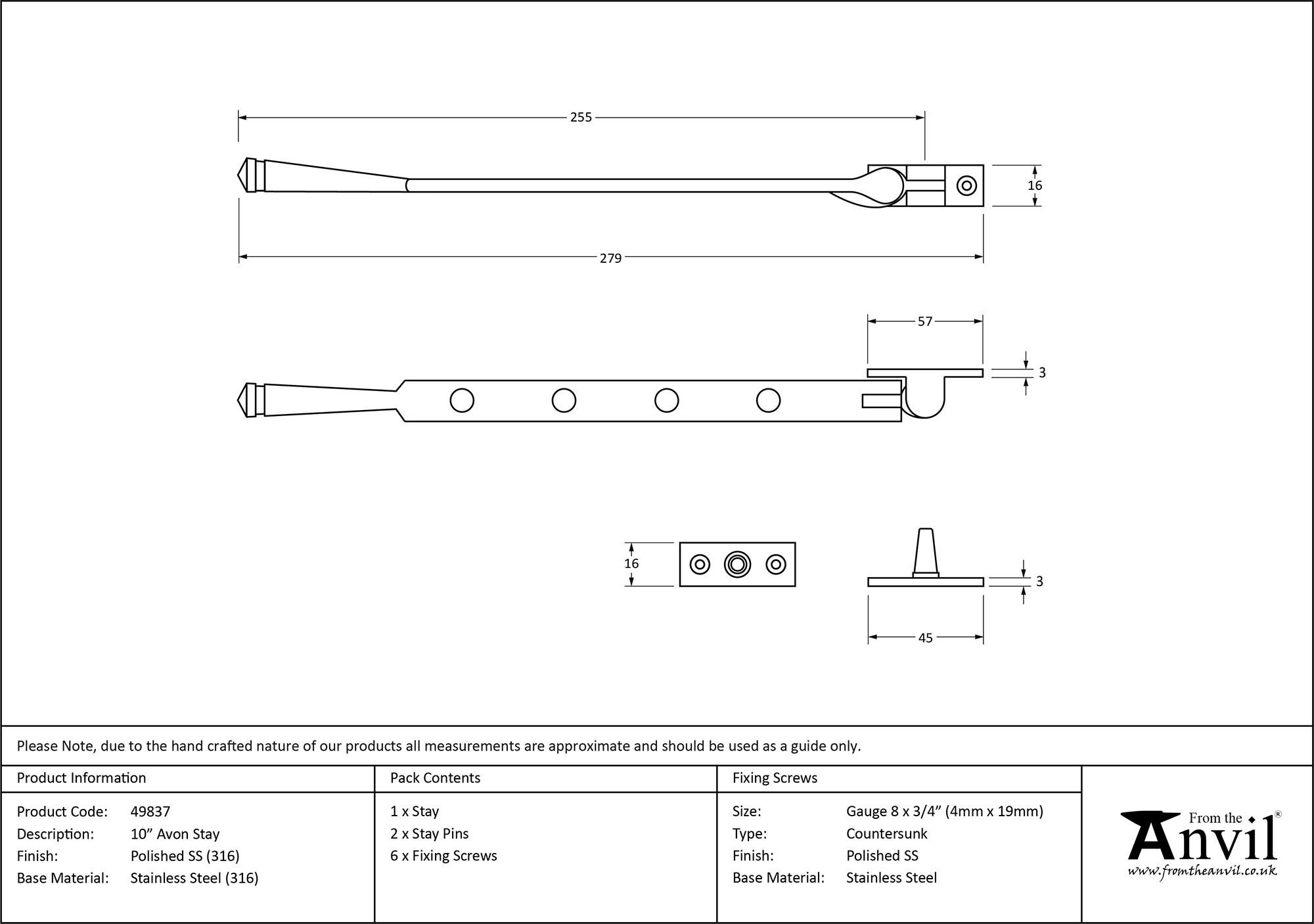 polished marine ss (316) 10" avon stay