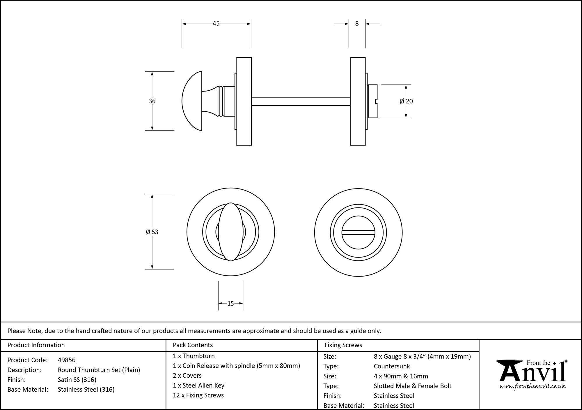 satin marine ss (316) round thumbturn set (plain)