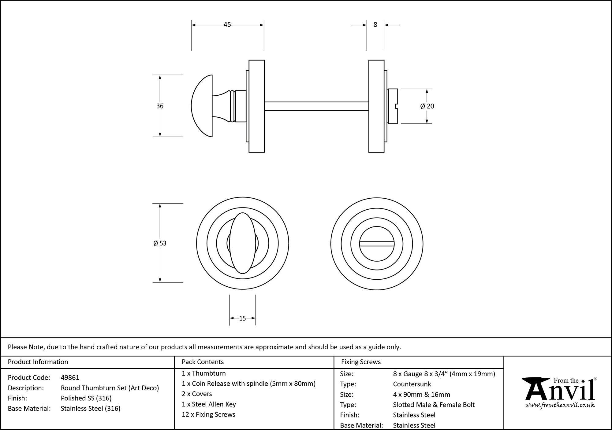 polished marine ss (316) round thumbturn set (art deco)