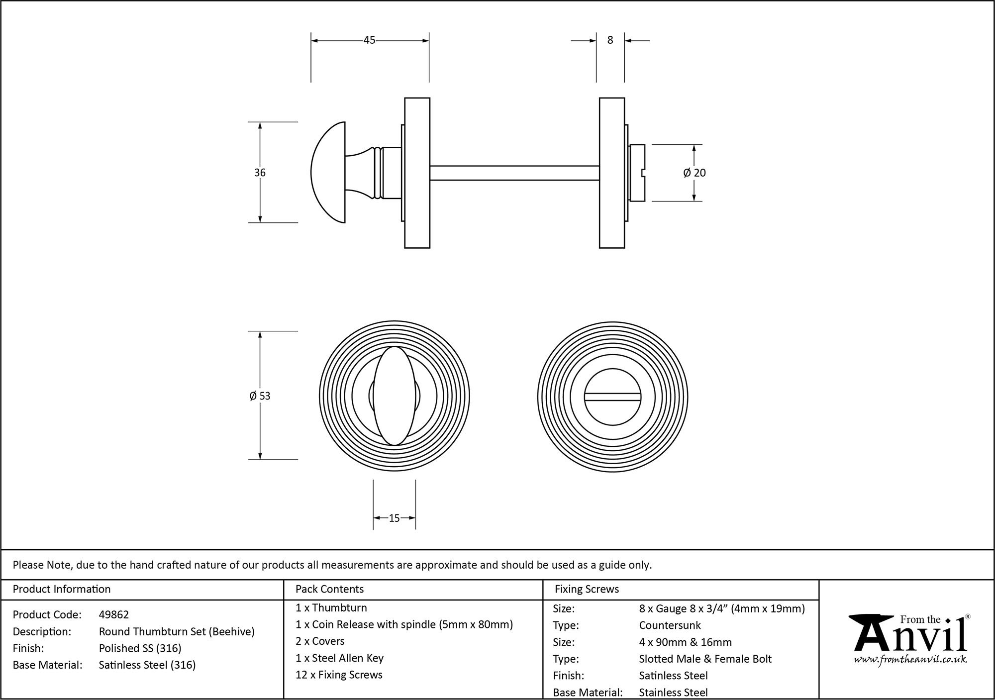 polished marine ss (316) round thumbturn set (beehive)