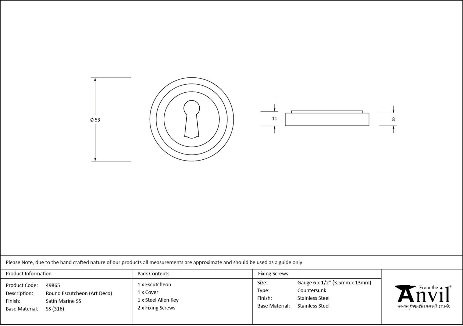 satin marine ss (316) round escutcheon (art deco)