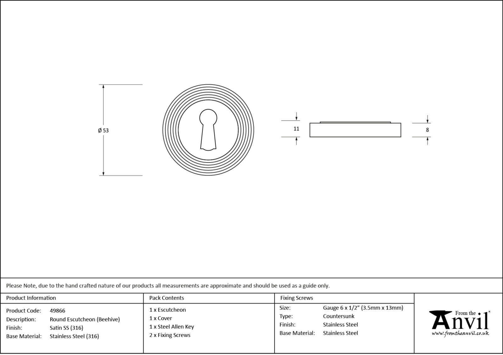 satin marine ss (316) round escutcheon (beehive)