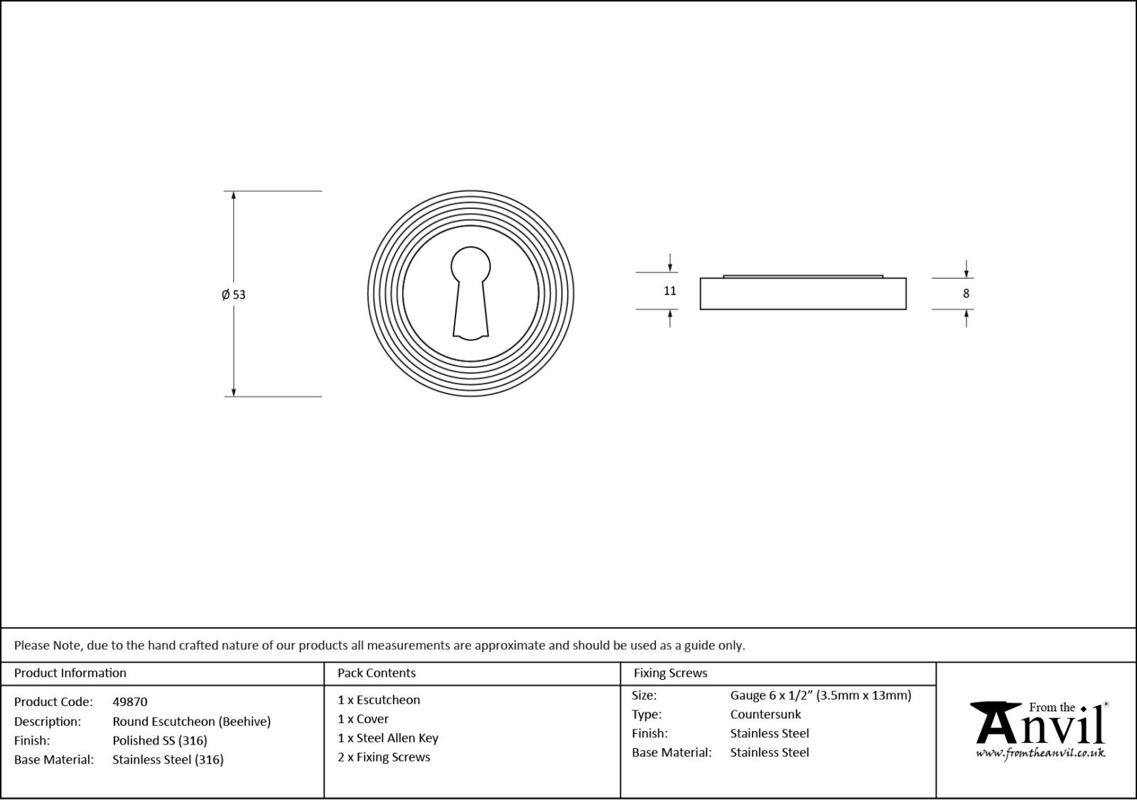 polished marine ss (316) round escutcheon (beehive)
