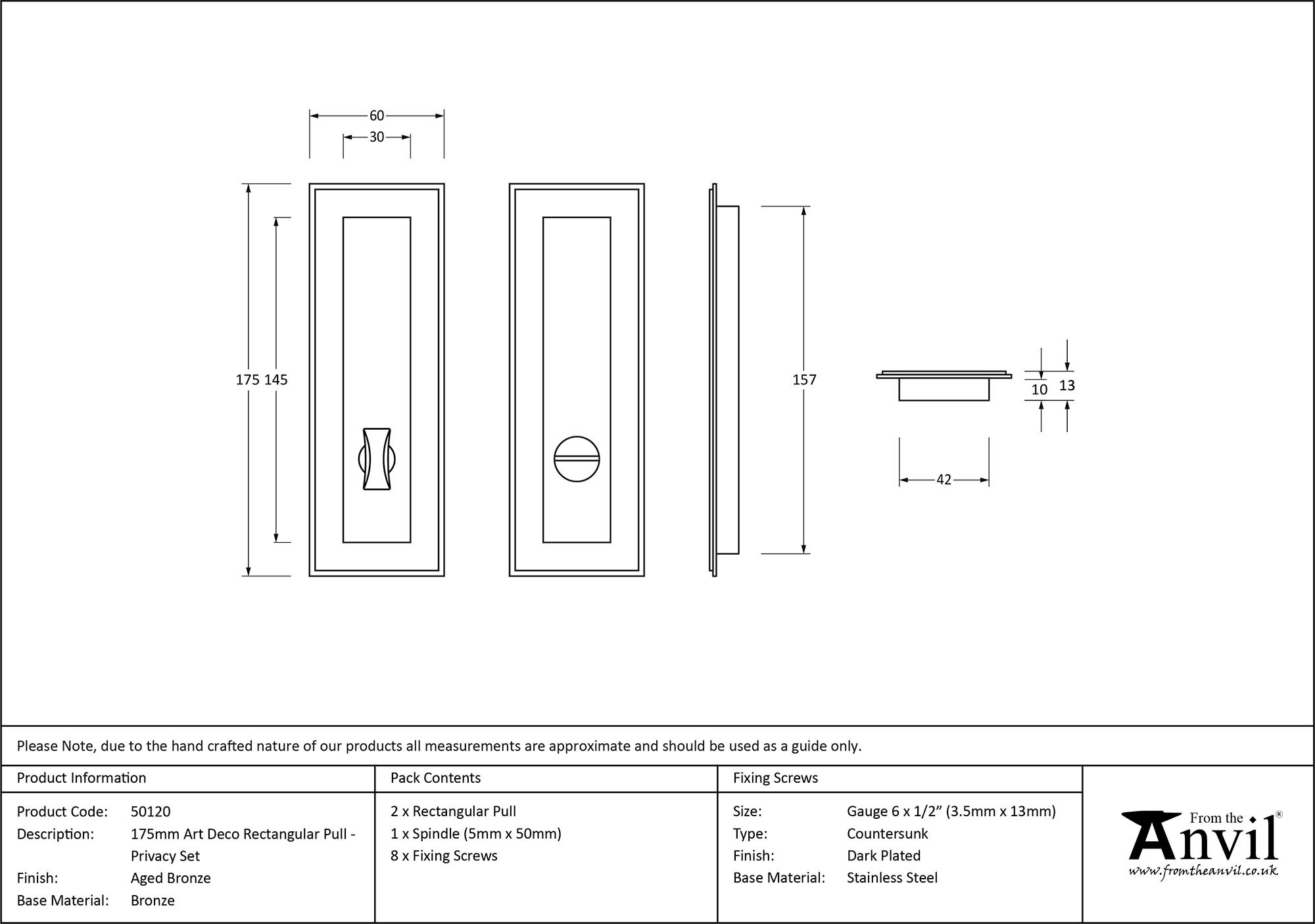 aged bronze 175mm art deco rectangular pull privacy set