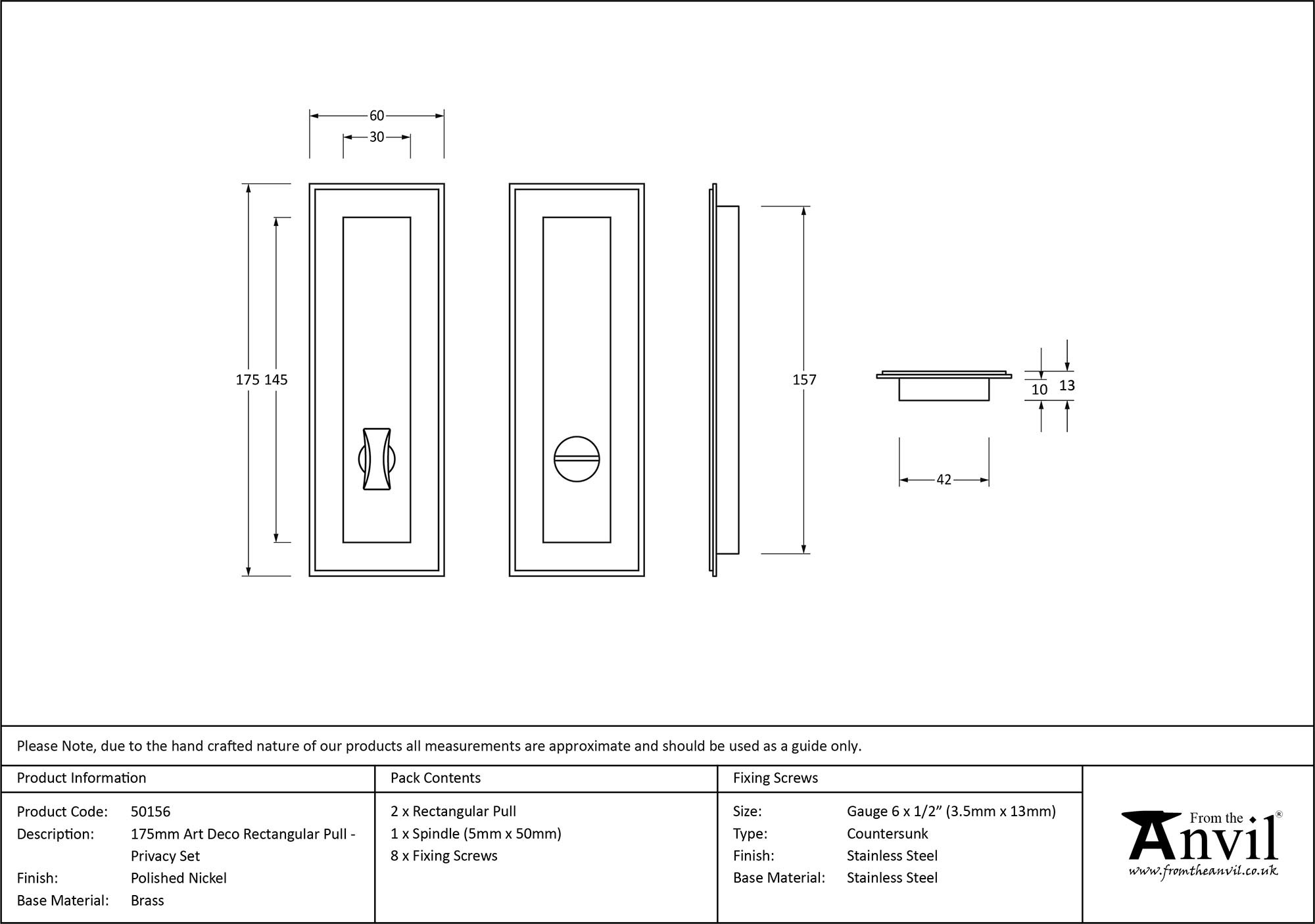 polished nickel 175mm art deco rectangular pull privacy set