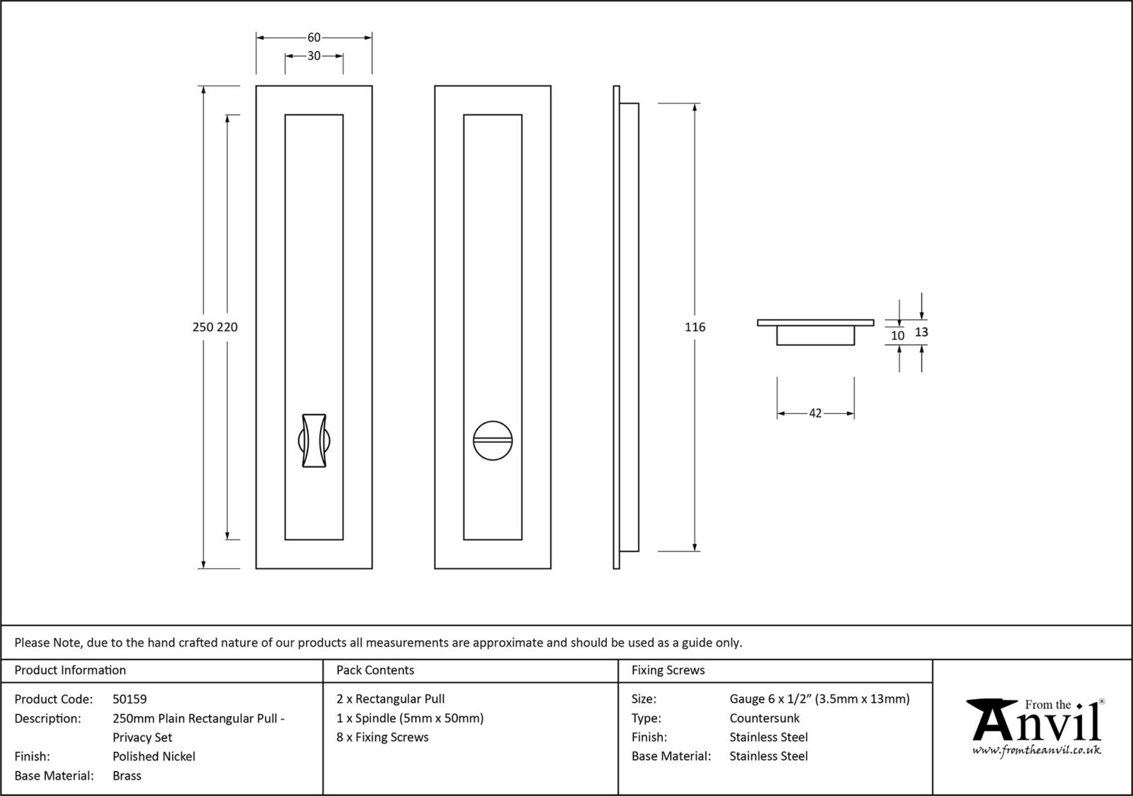 polished nickel 250mm plain rectangular pull privacy set