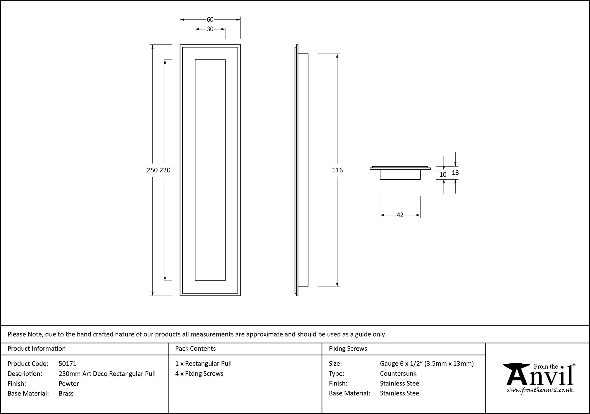 pewter 250mm art deco rectangular pull