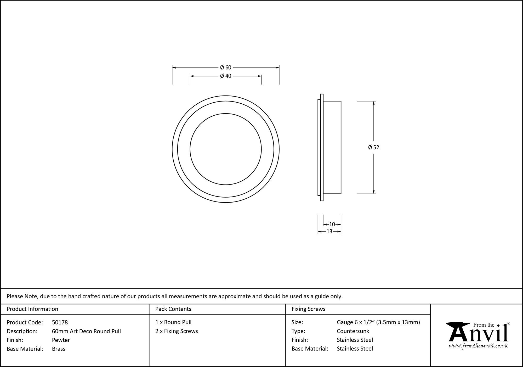 pewter 60mm art deco round pull
