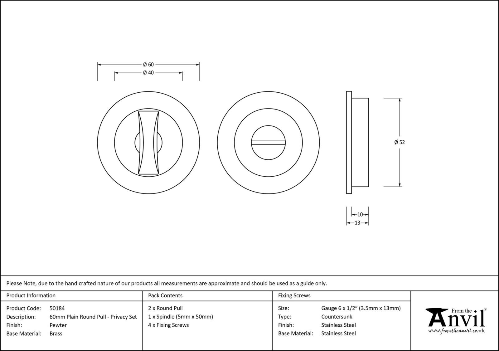 pewter 60mm plain round pull privacy set