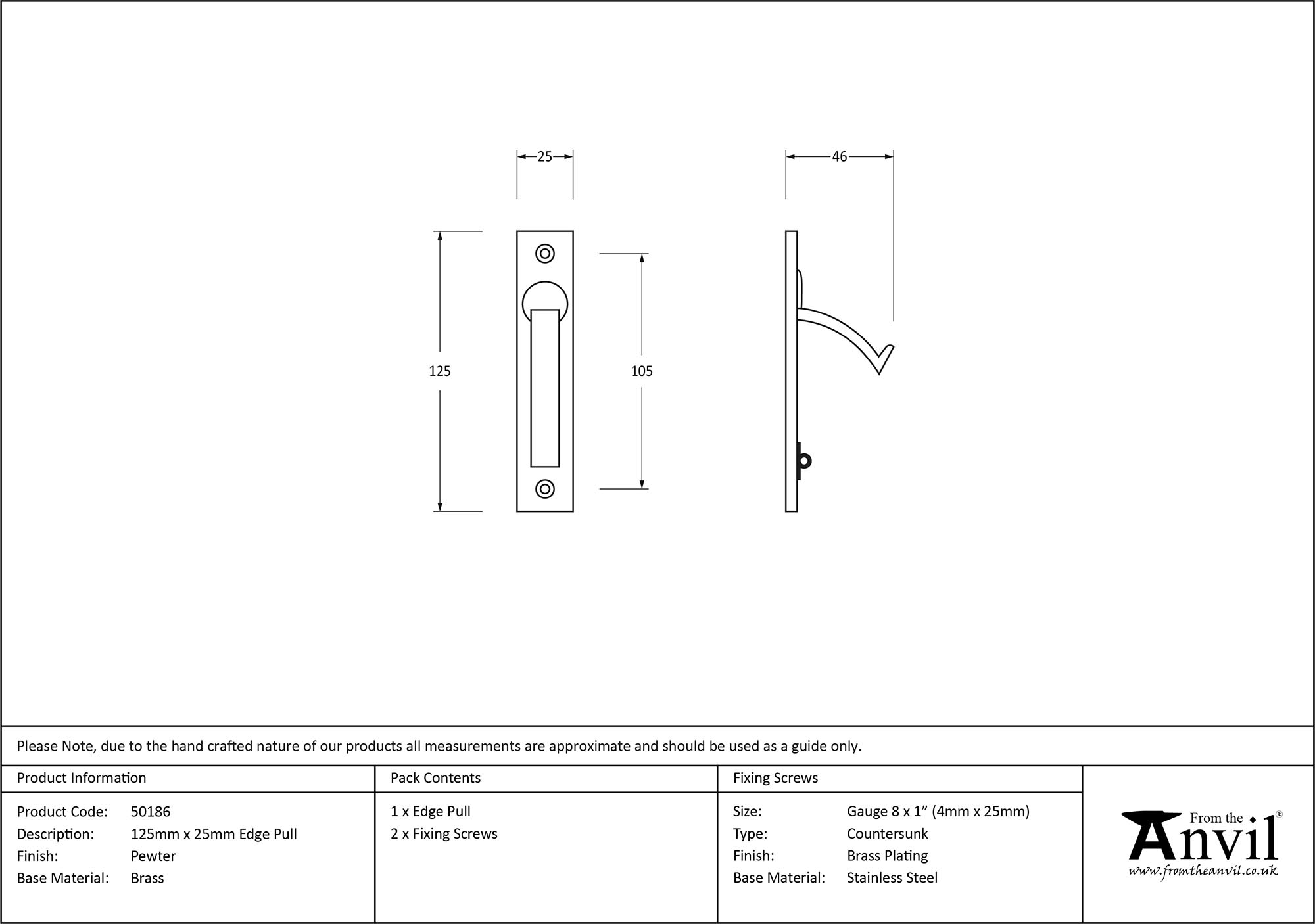 pewter 125mm x 25mm edge pull
