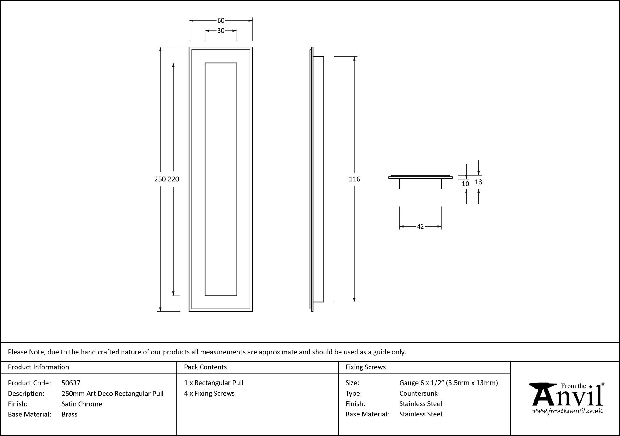 satin chrome 250mm art deco rectangular pull