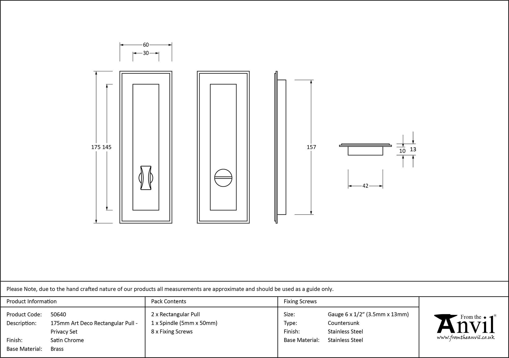 satin chrome 175mm art deco rectangular pull privacy set