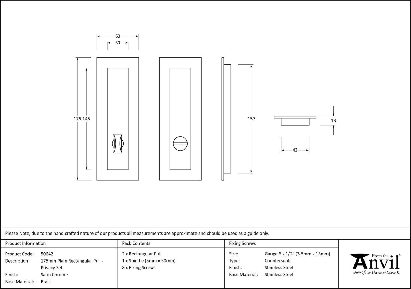 satin chrome 175mm plain rectangular pull privacy set
