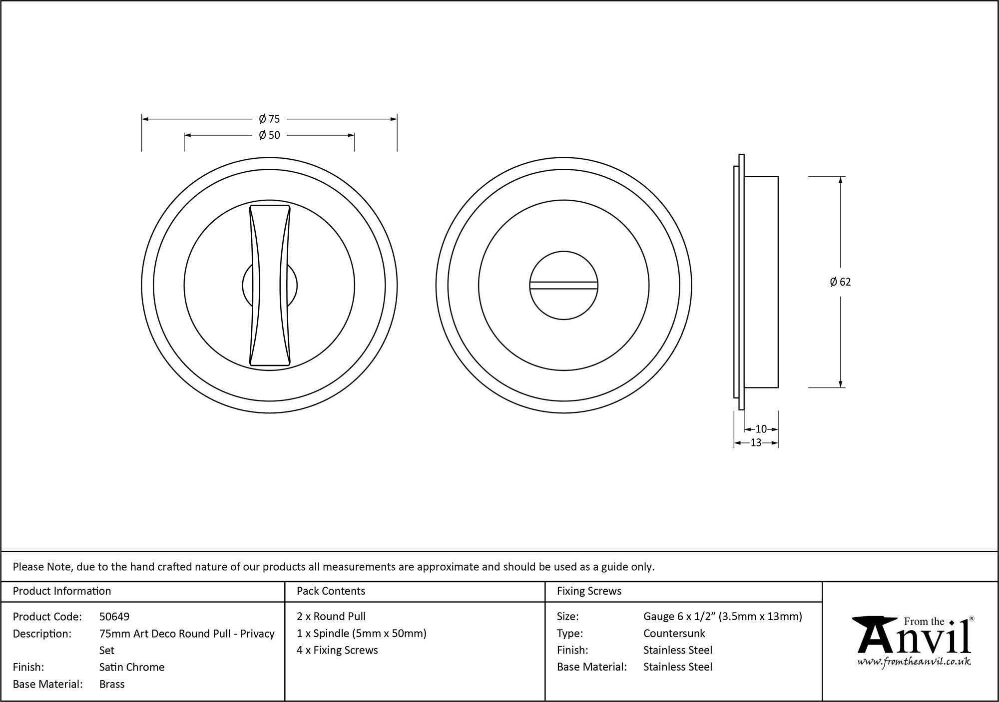 satin chrome 75mm art deco round pull privacy set