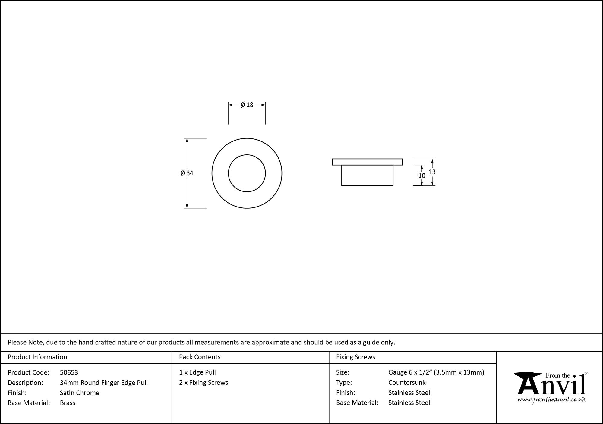 satin chrome 34mm round finger edge pull
