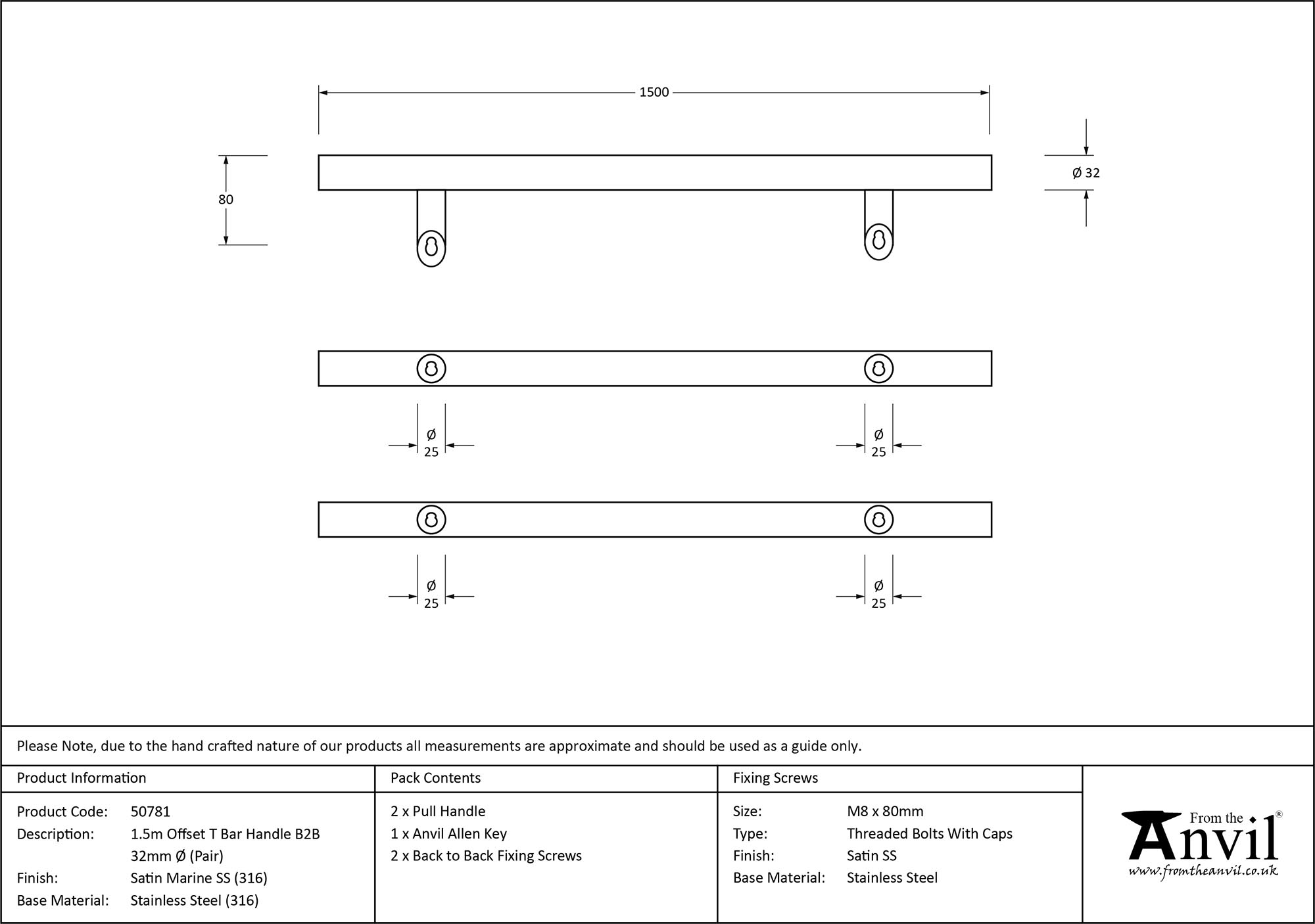satin marine ss (316) 1.5m offset t bar handle b2b 32mm Ø