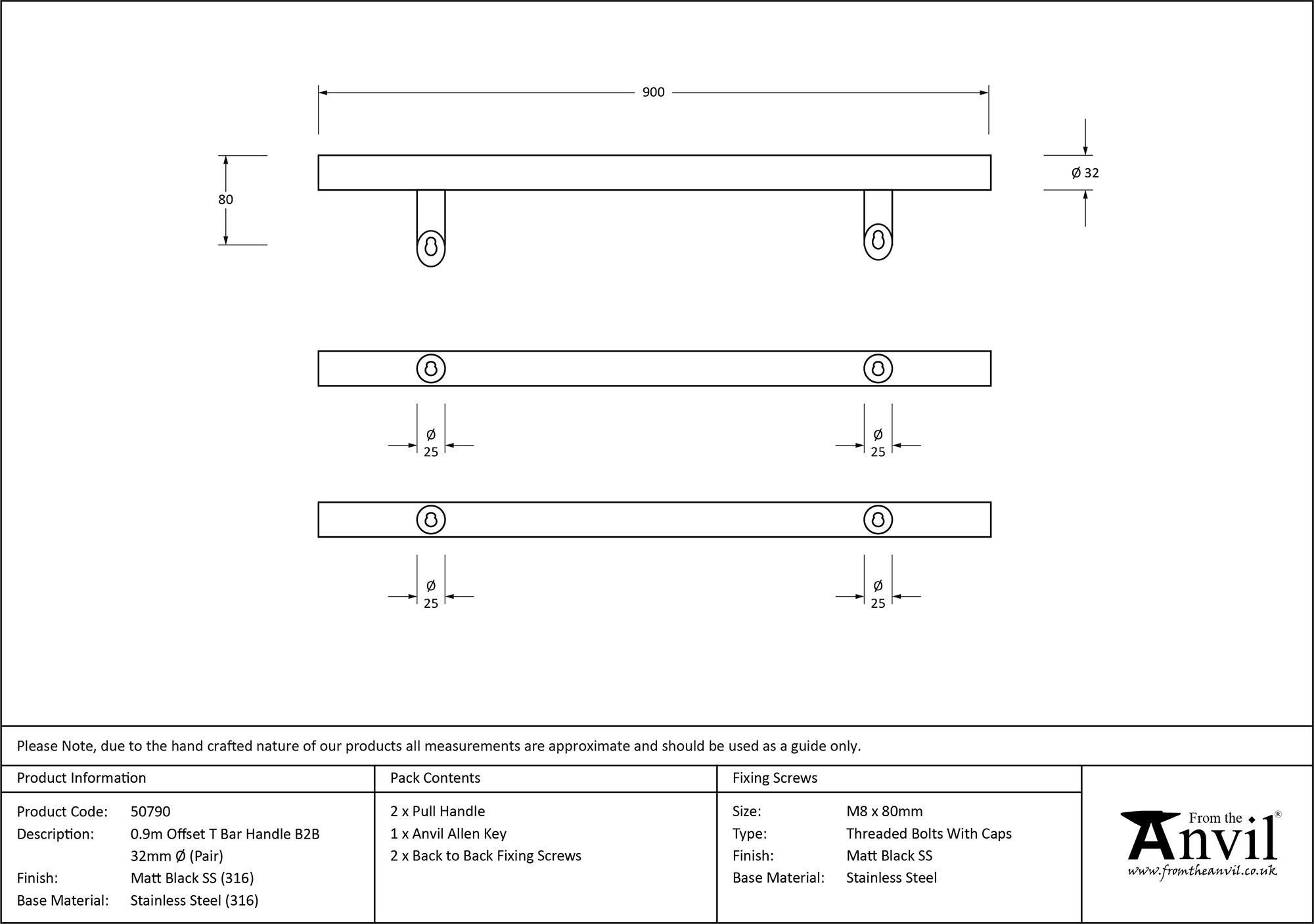 matt black ss (316) 0.9m offset t bar handle b2b 32mm Ø