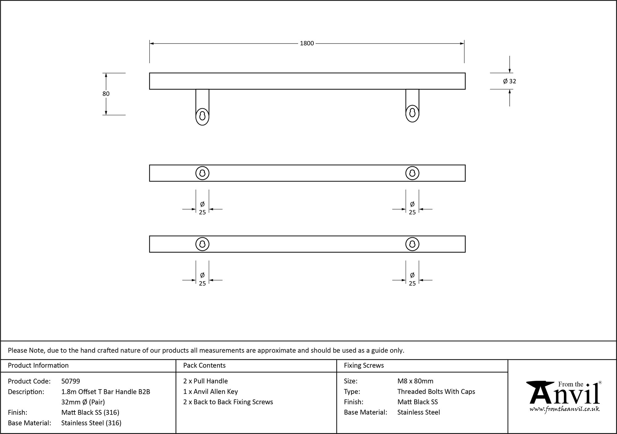 matt black ss (316) 1.8m offset t bar handle b2b 32mm Ø