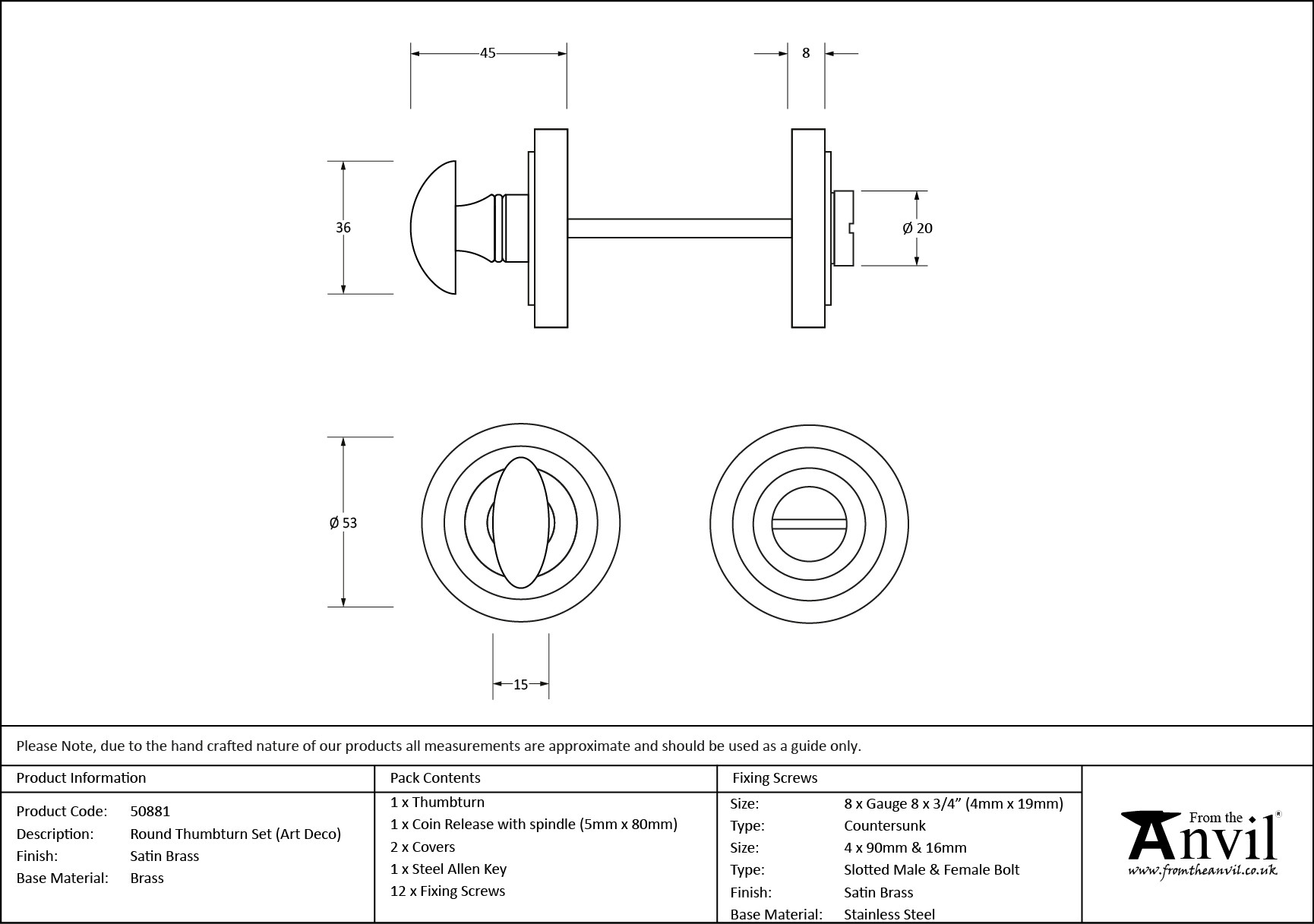satin brass round thumbturn set (art deco)