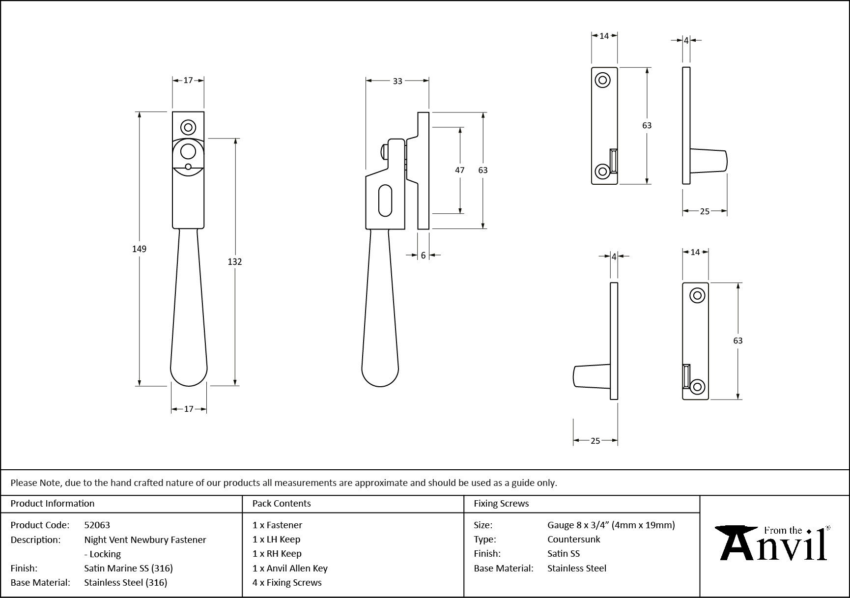 satin marine ss (316) night vent locking newbury fastener