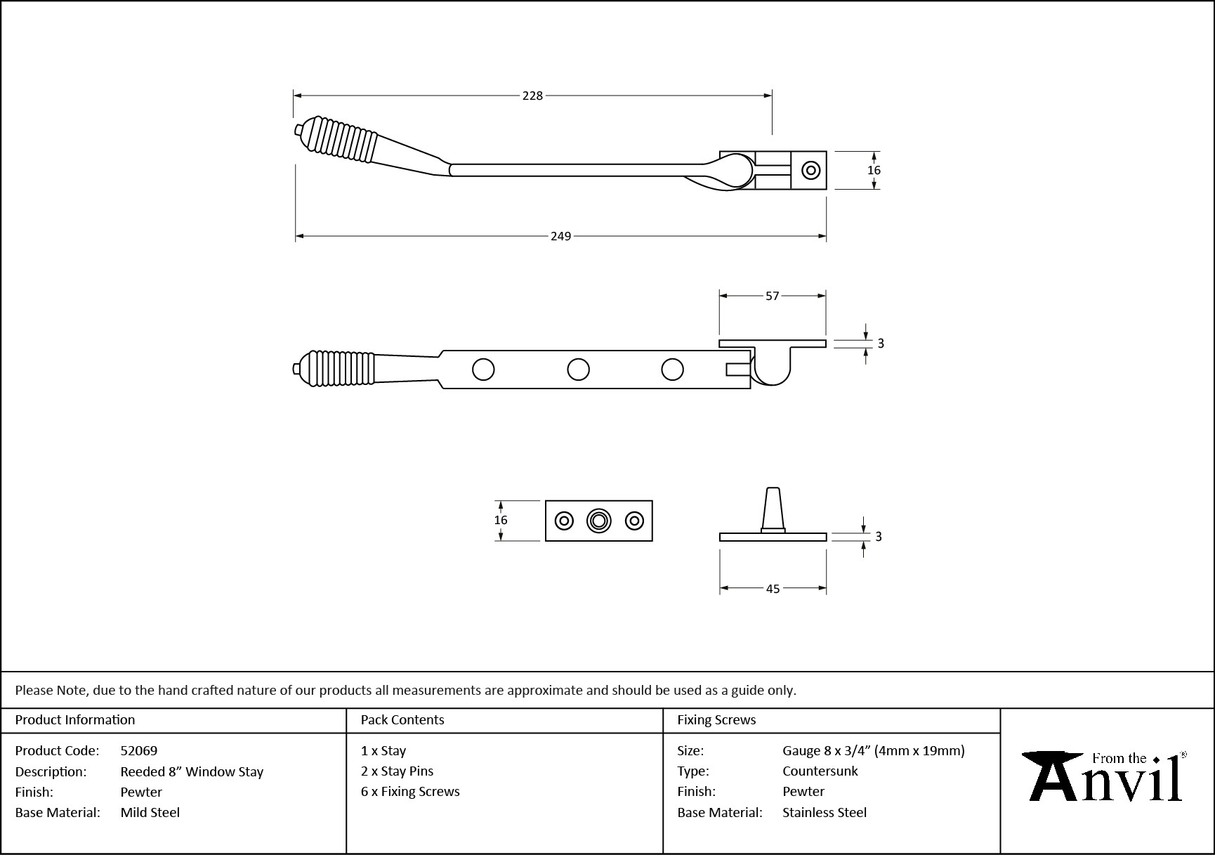 pewter 8" reeded stay