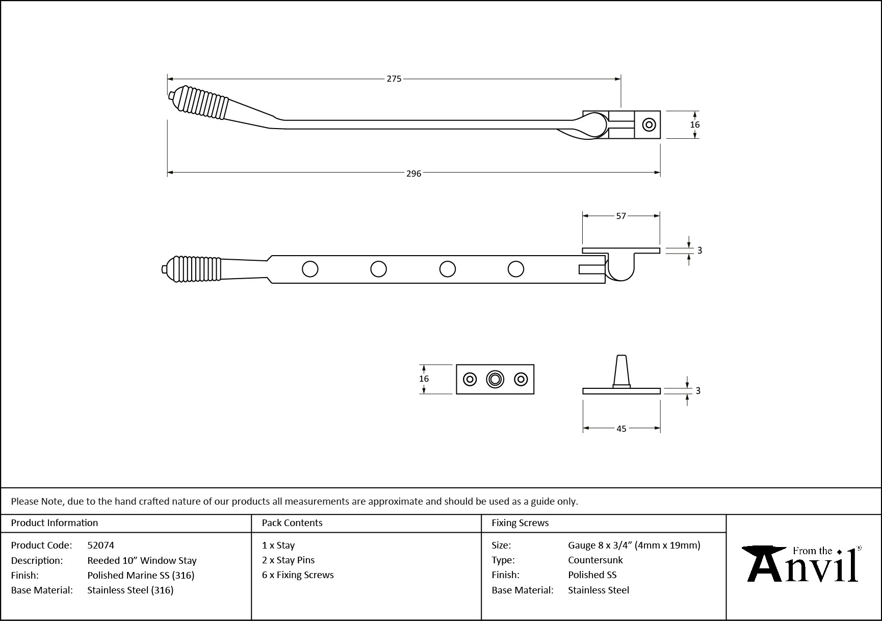 polished marine ss (316) 10" reeded stay