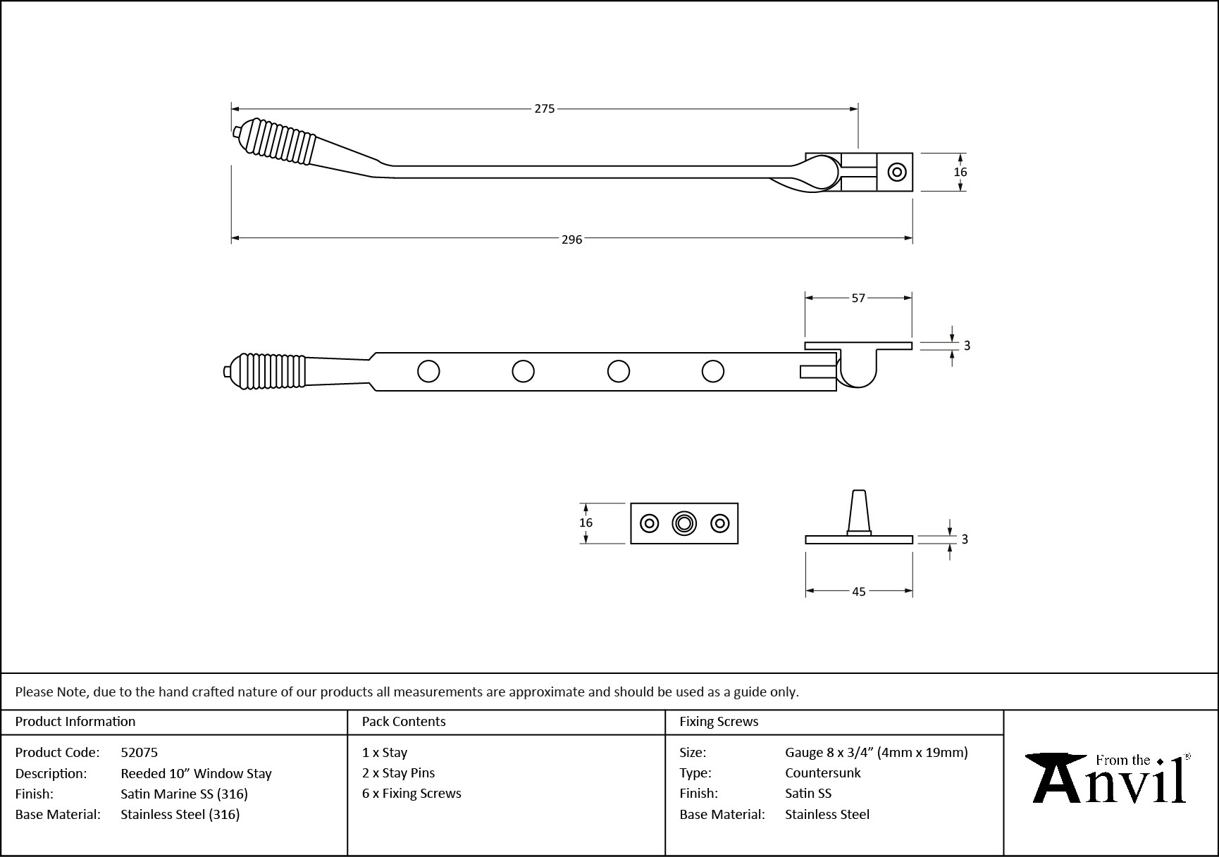 satin marine ss (316) 10" reeded stay