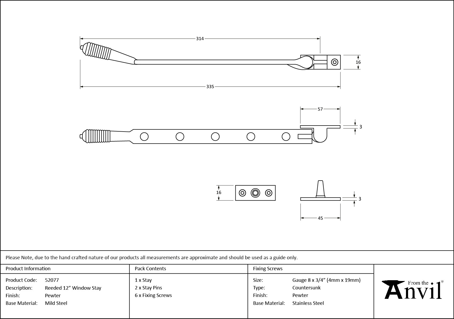 pewter 12" reeded stay