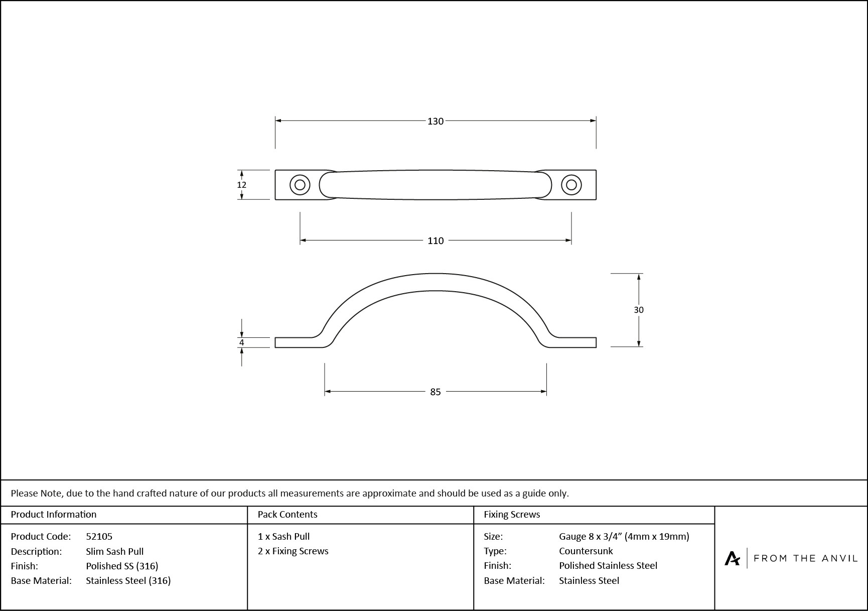 polished marine ss (316) slim sash pull