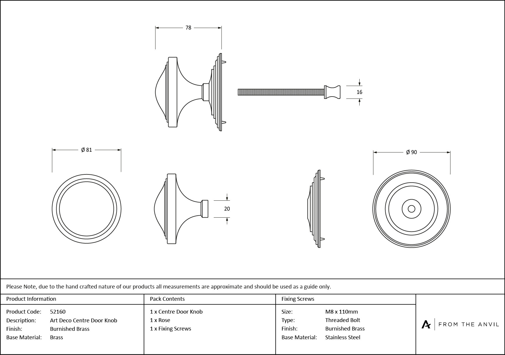 burnished brass art deco centre door knob