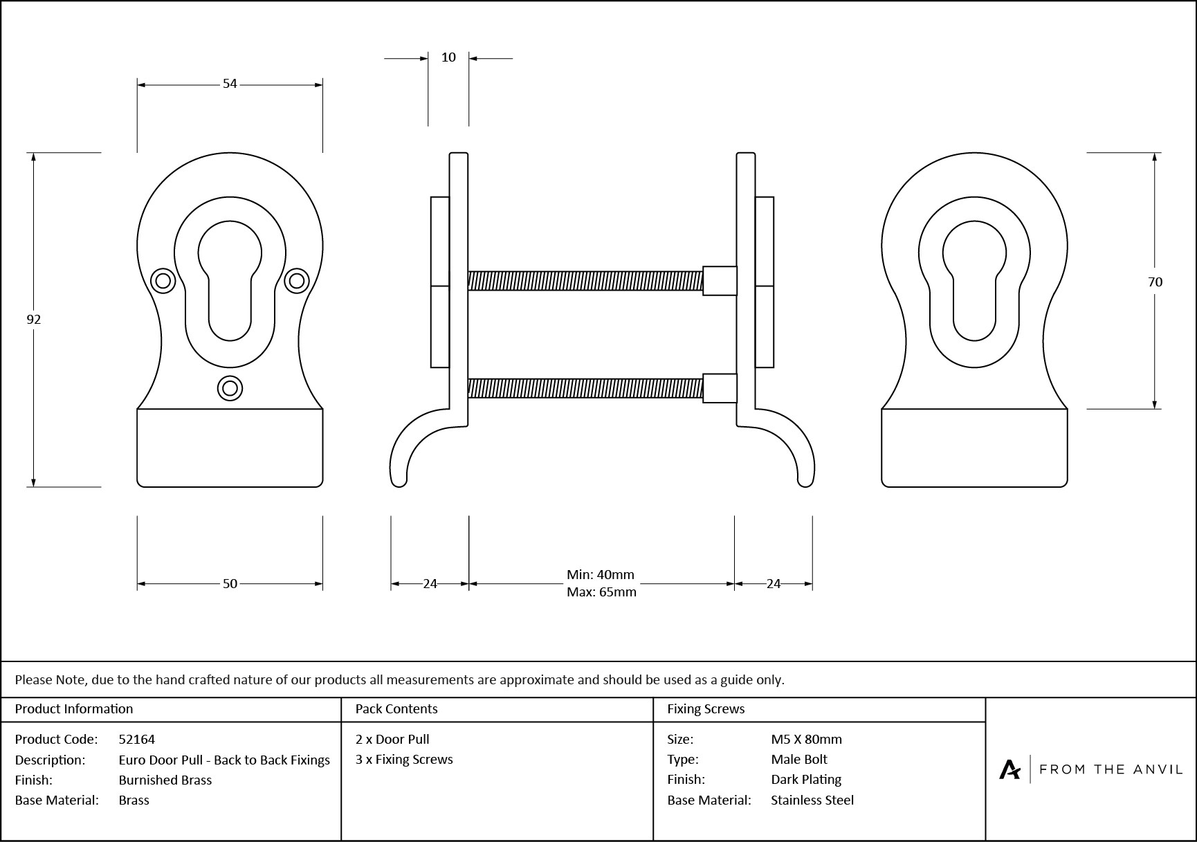 burnished brass 50mm euro door pull (back to back fixings)
