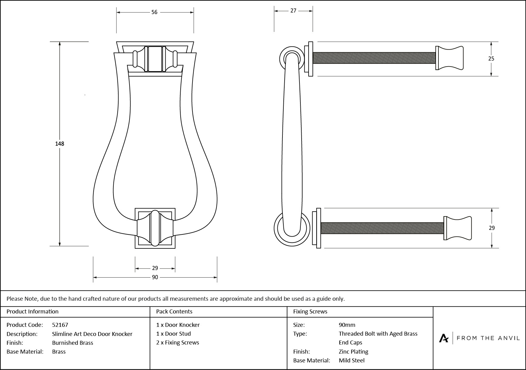 burnished brass slimline art deco door knocker