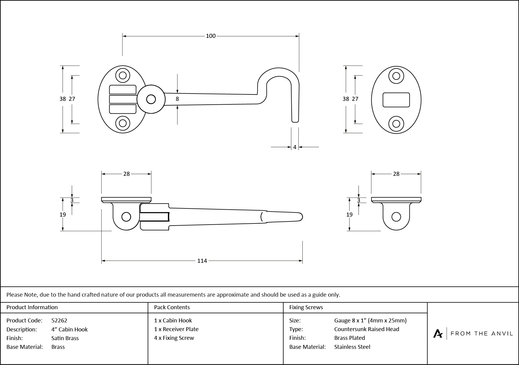 satin brass 4" cabin hook
