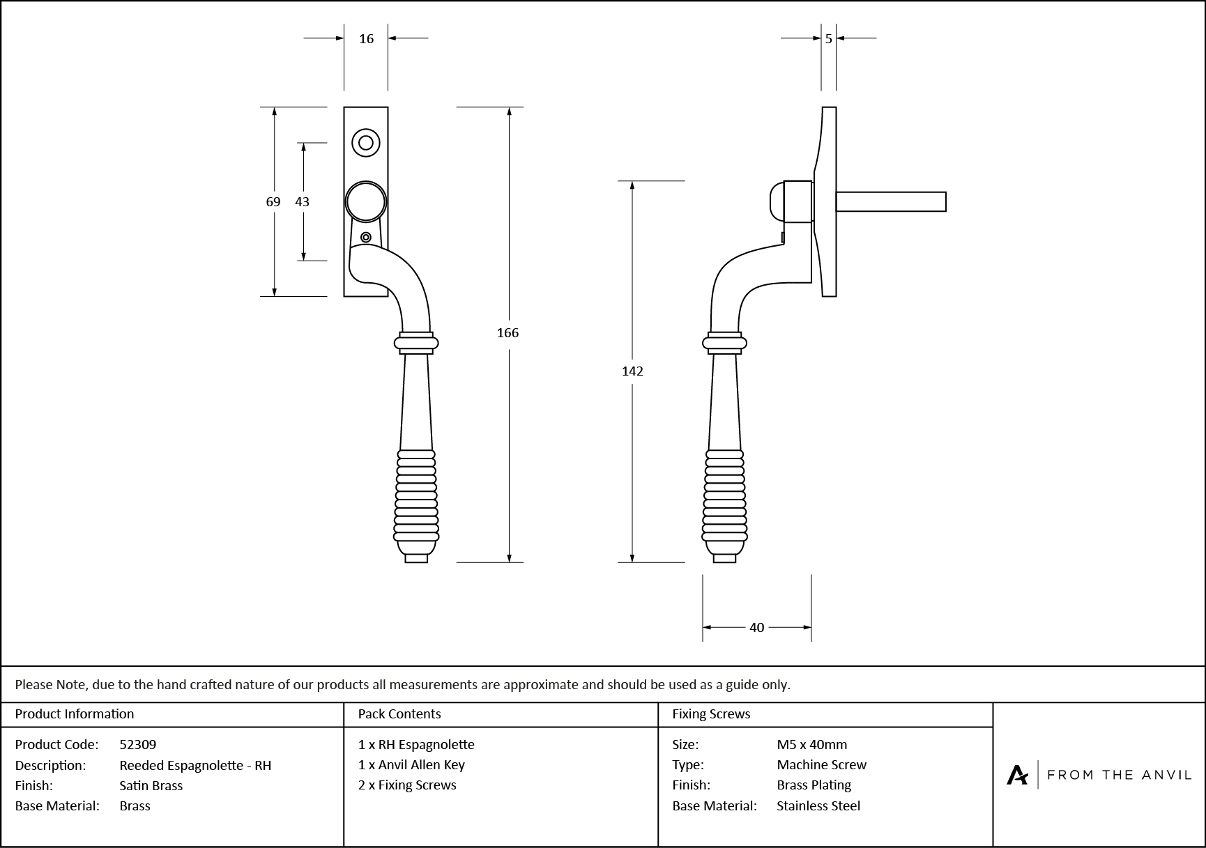 satin brass reeded espag rh