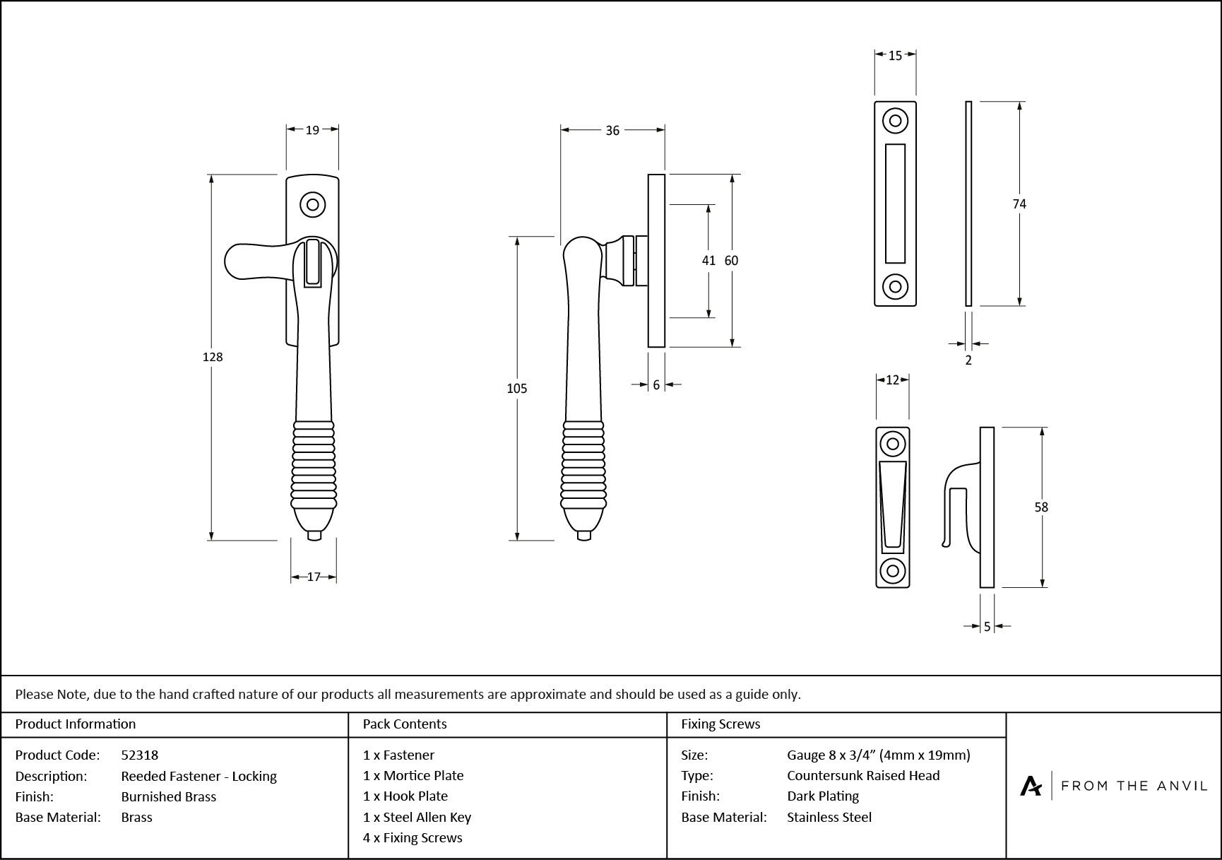 burnished brass locking reeded fastener