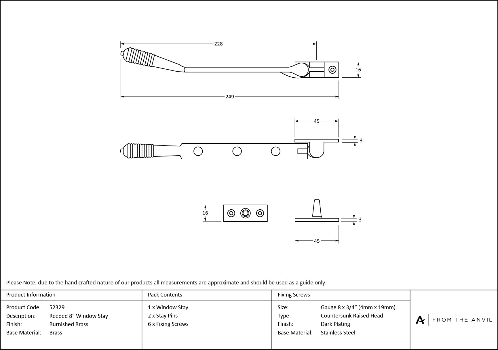 burnished brass 8" reeded stay