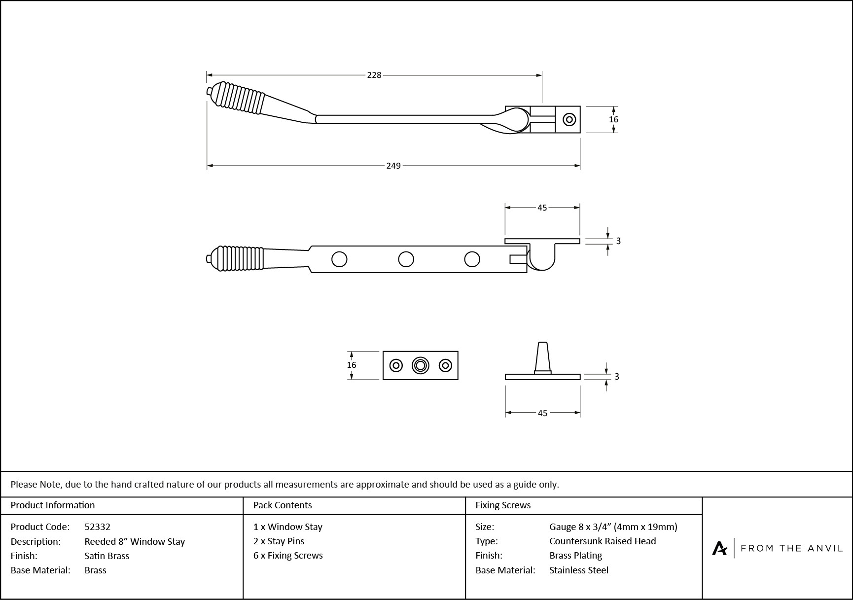 satin brass 8" reeded stay