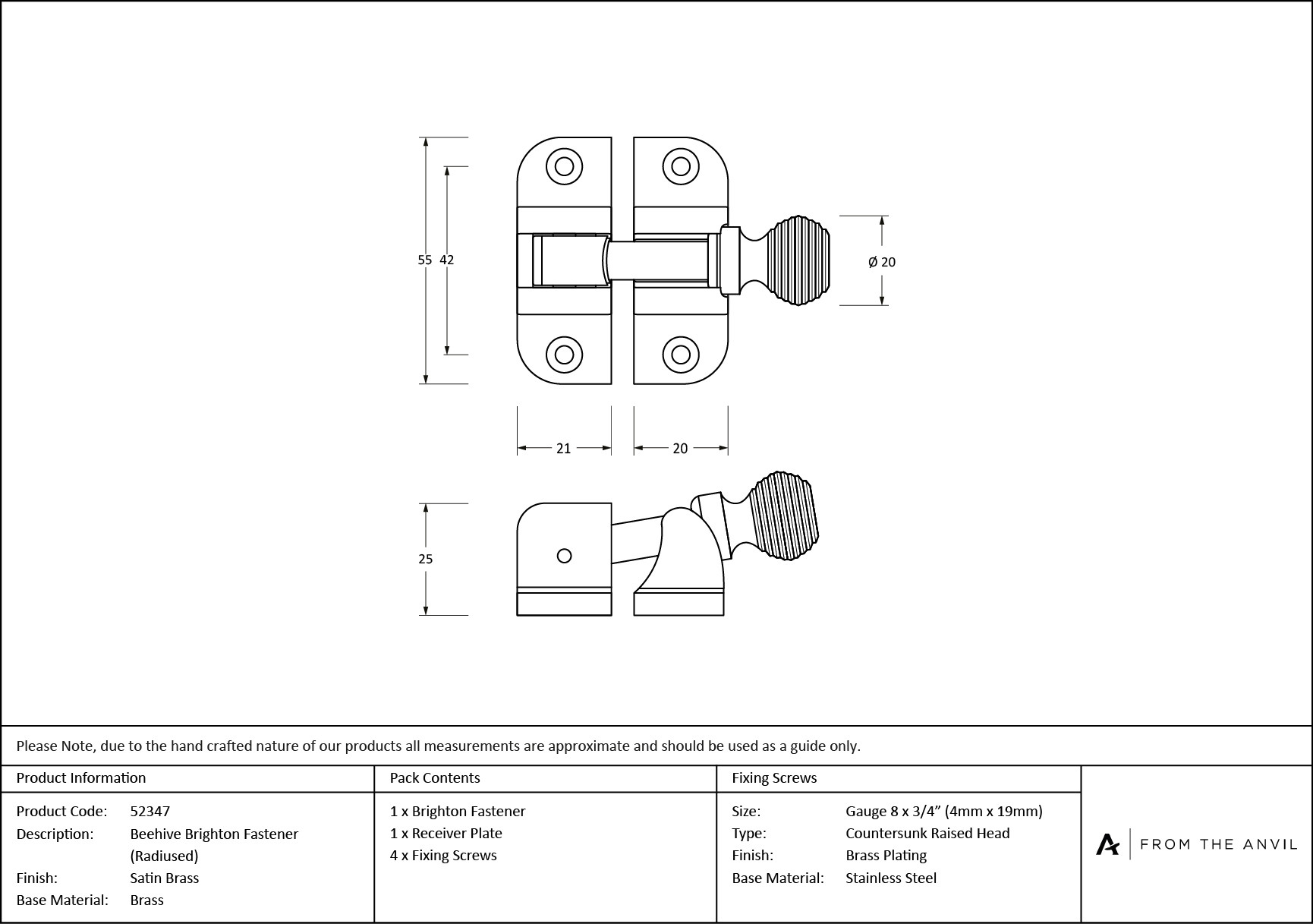 satin brass beehive brighton fastener (radiused)