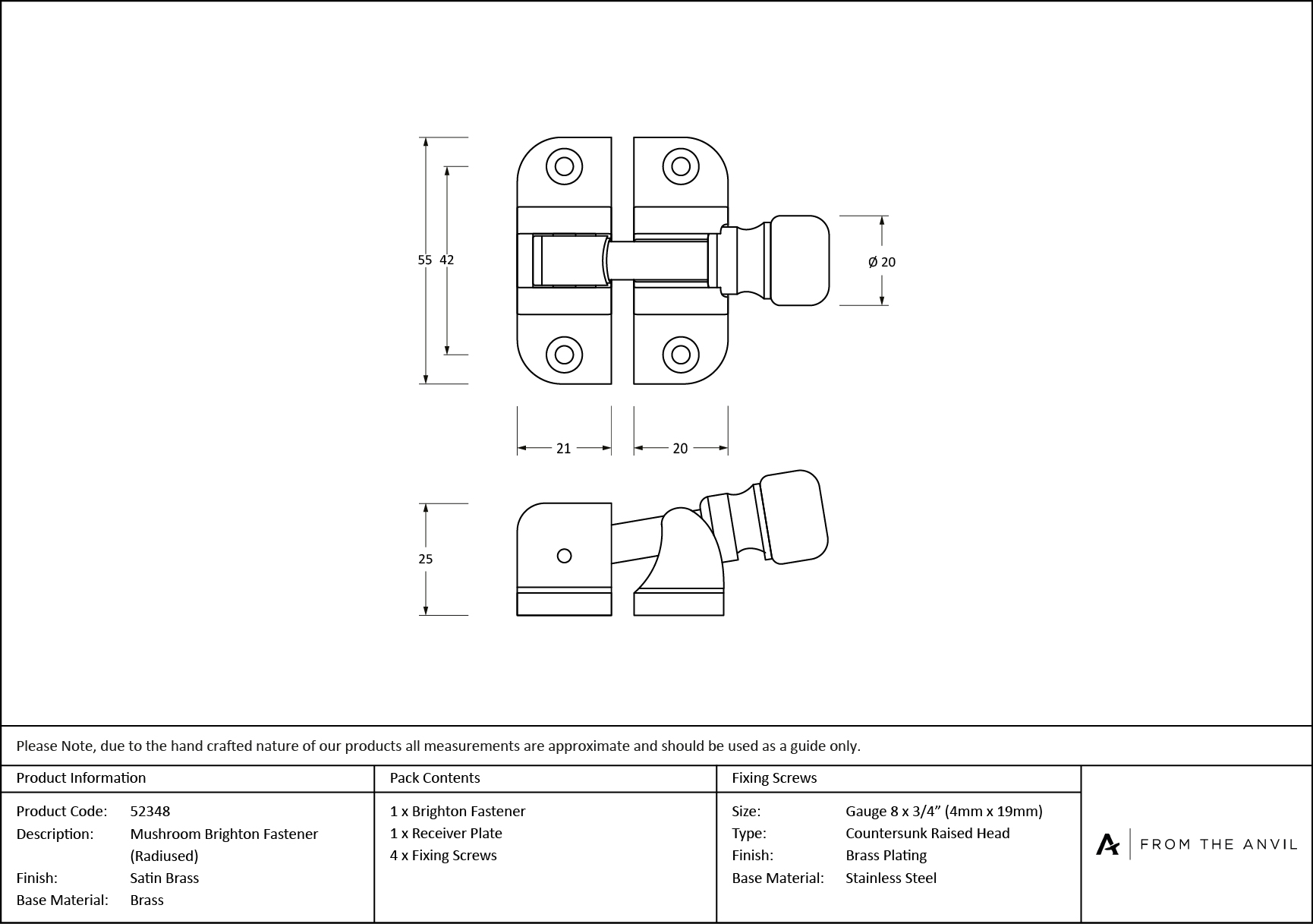 satin brass mushroom brighton fastener (radiused)