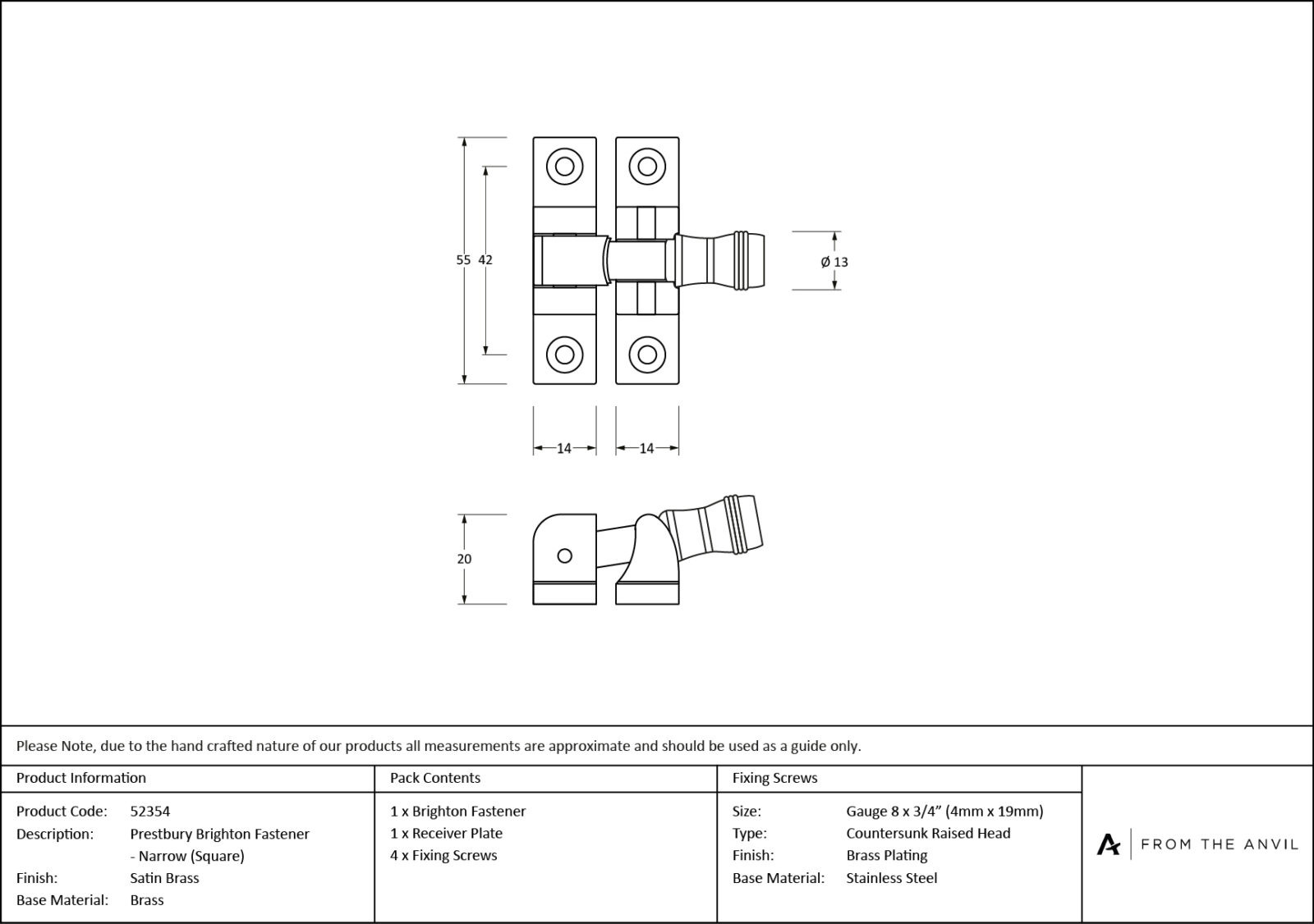 satin brass prestbury brighton fastener narrow (square)