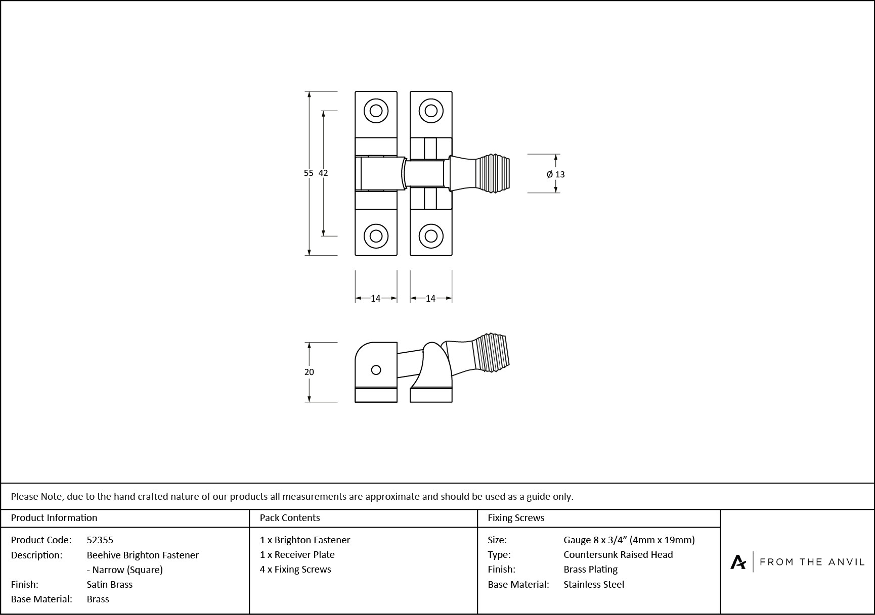 satin brass beehive brighton fastener narrow (square)