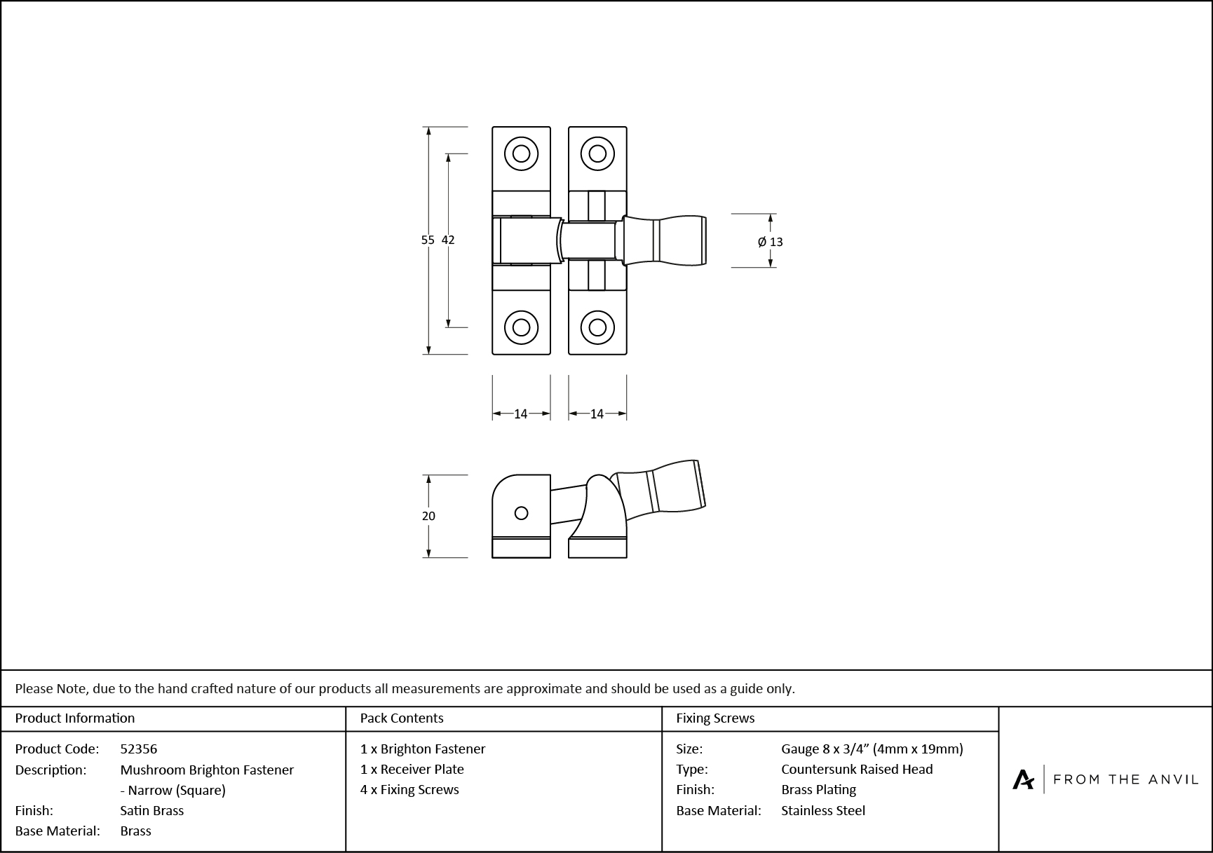 satin brass mushroom brighton fastener narrow (square)
