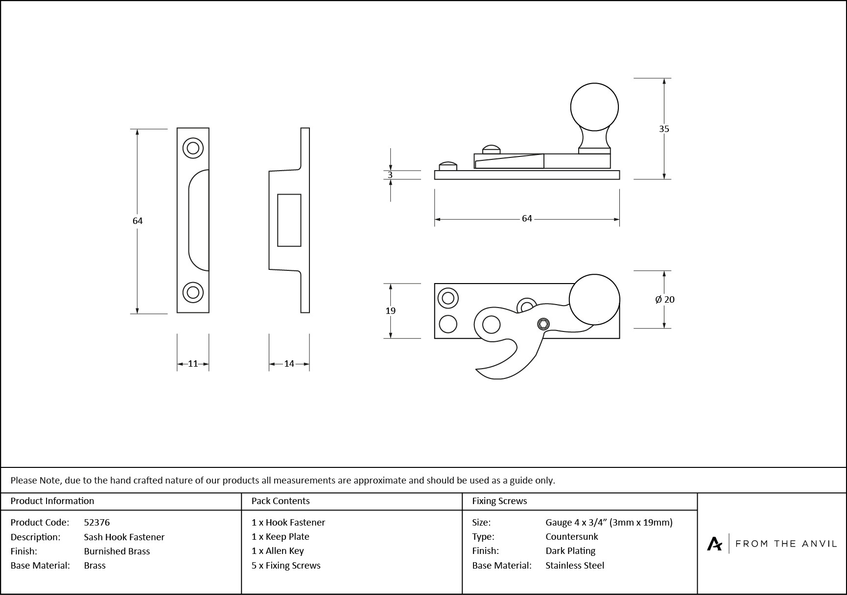 burnished brass sash hook fastener