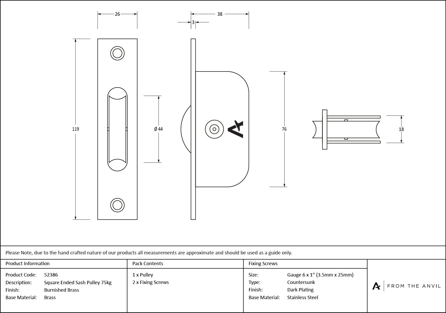 burnished brass square ended sash pulley 75kg