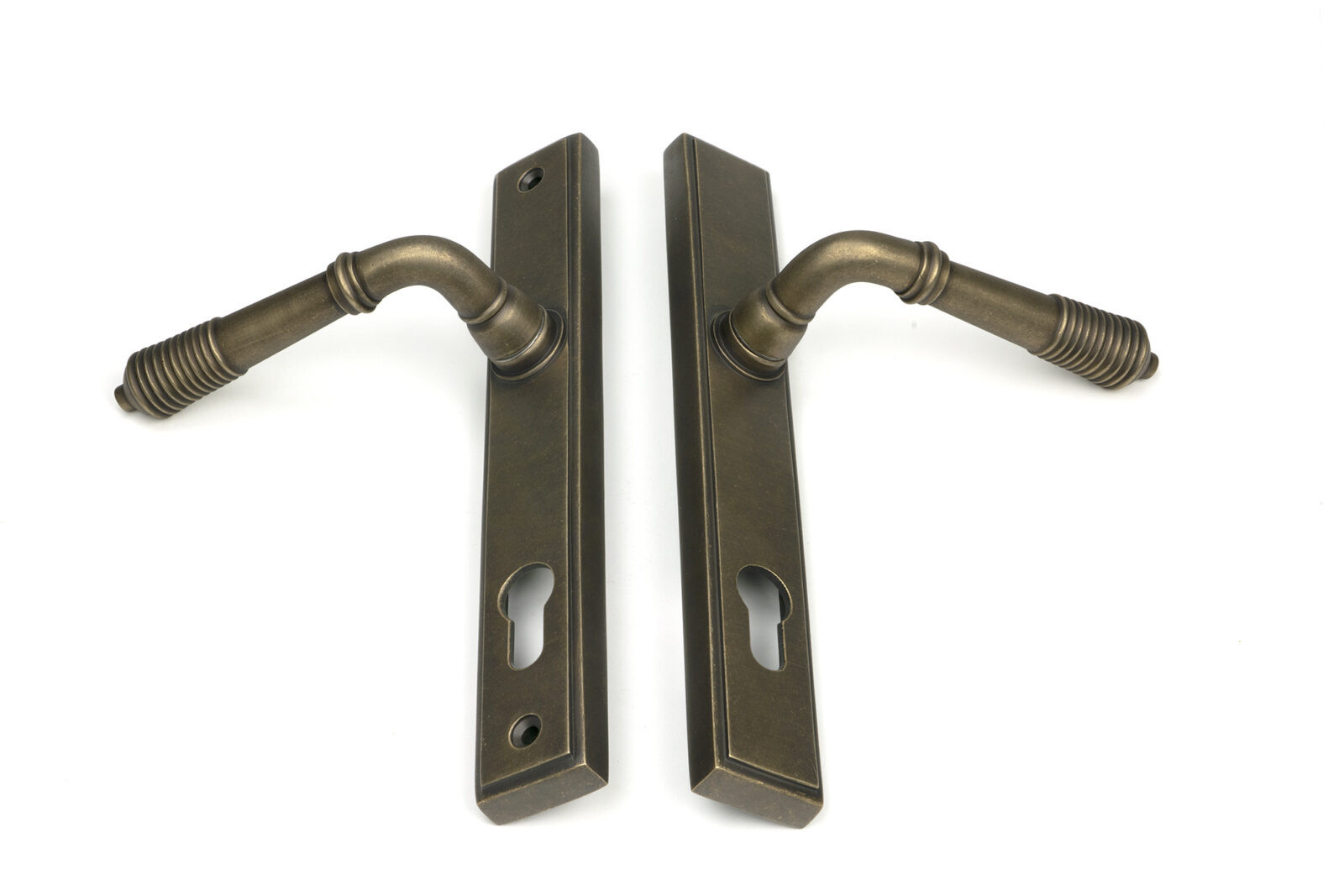 burnished brass reeded slimline lever espag. lock set